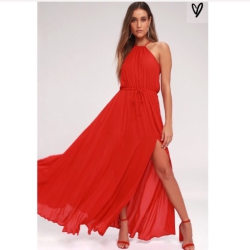 Lulu’s Halter Cinched Waist Red Formal Maxi Dress